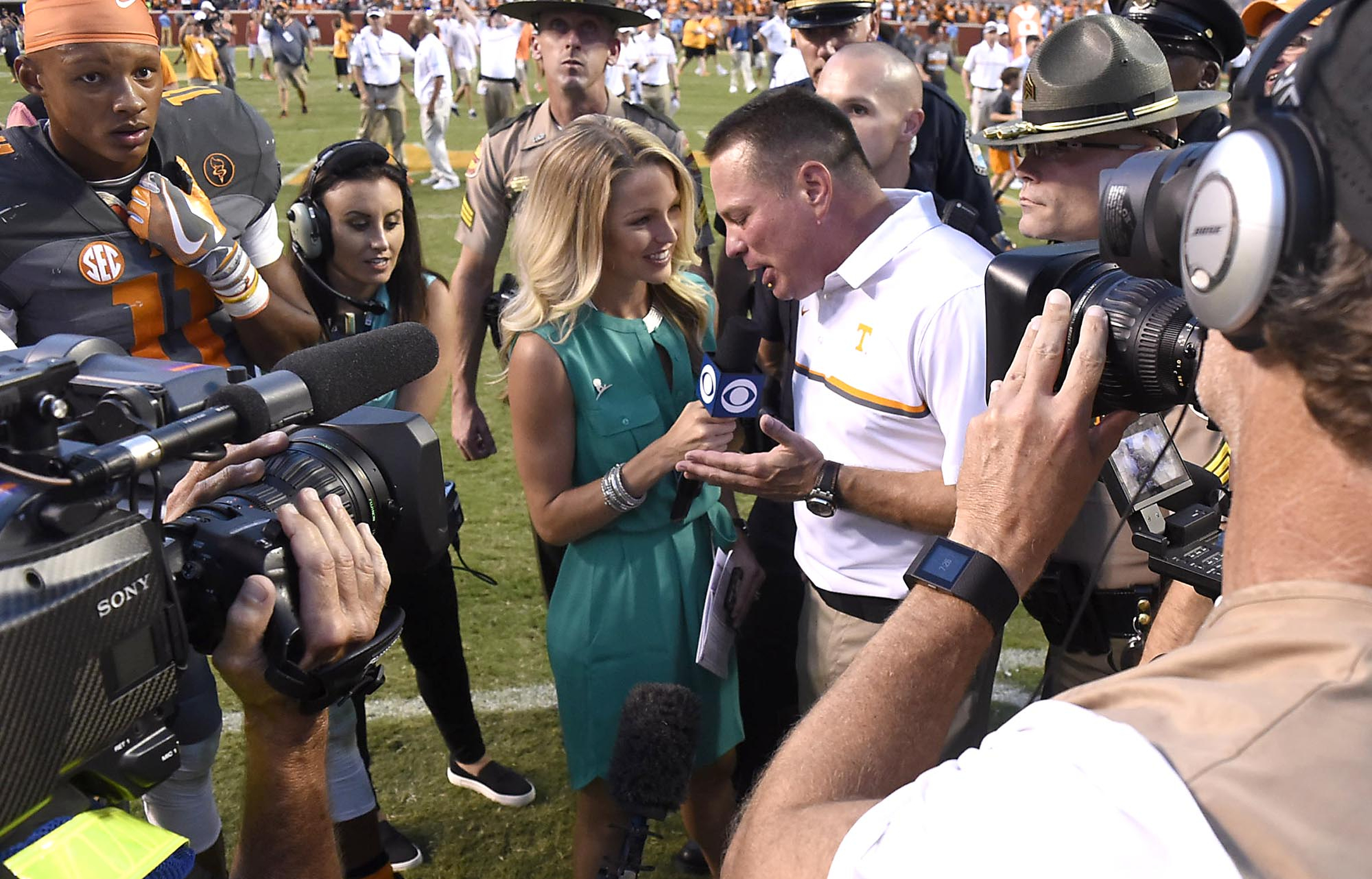 Tennessee head coach Butch Jones talks to CBS television after the game. The Florida Gators visited the Tennessee Volunteers in a important SEC football contest at Neyland Stadium on September 24, 2016.