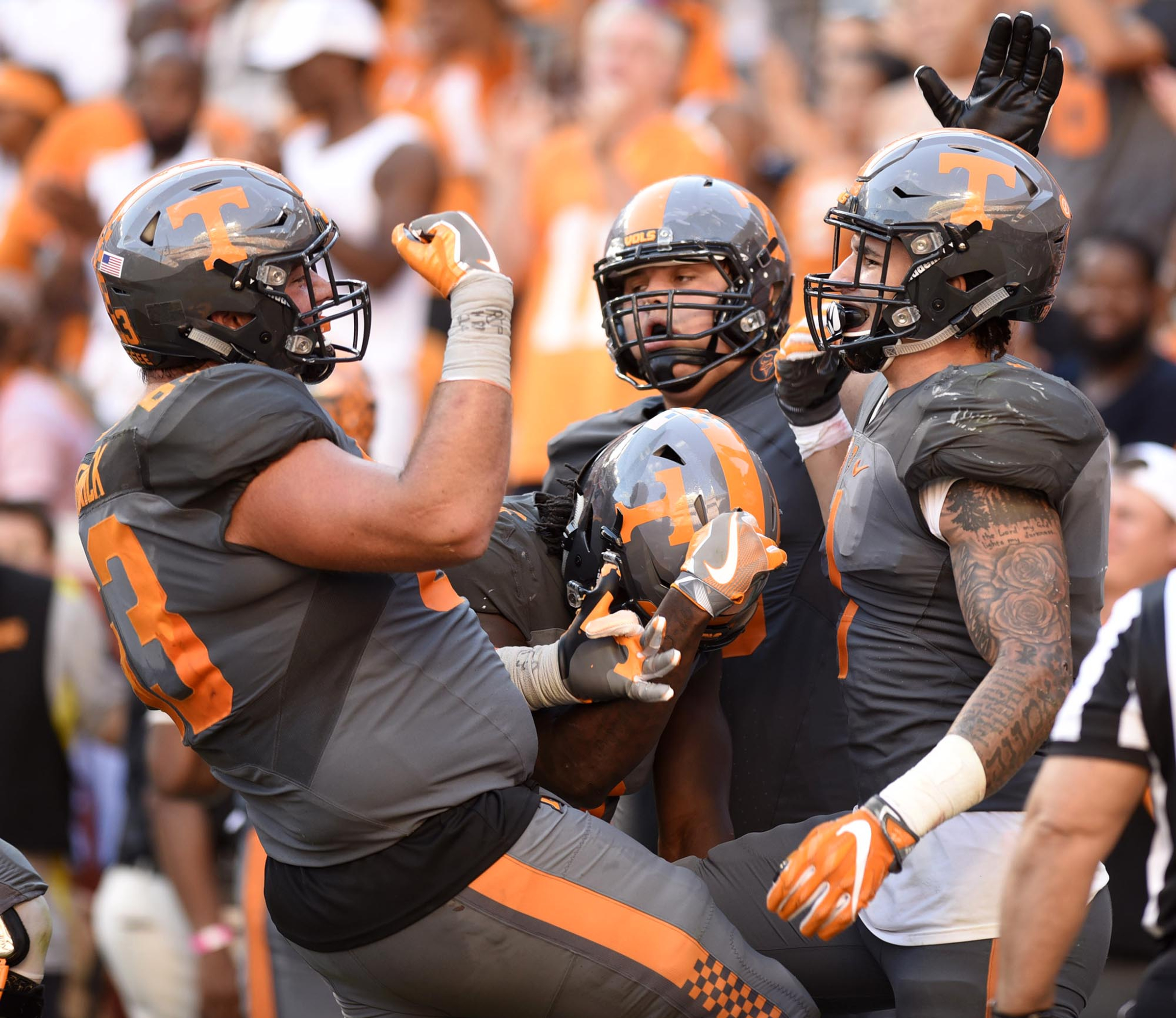 Jalen Hurd (1), right, celebrates his touchdown with his teammates. Hurd's score made the talley Florida 21, Tennessee 14. The Florida Gators visited the Tennessee Volunteers in a important SEC football contest at Neyland Stadium on September 24, 2016.
