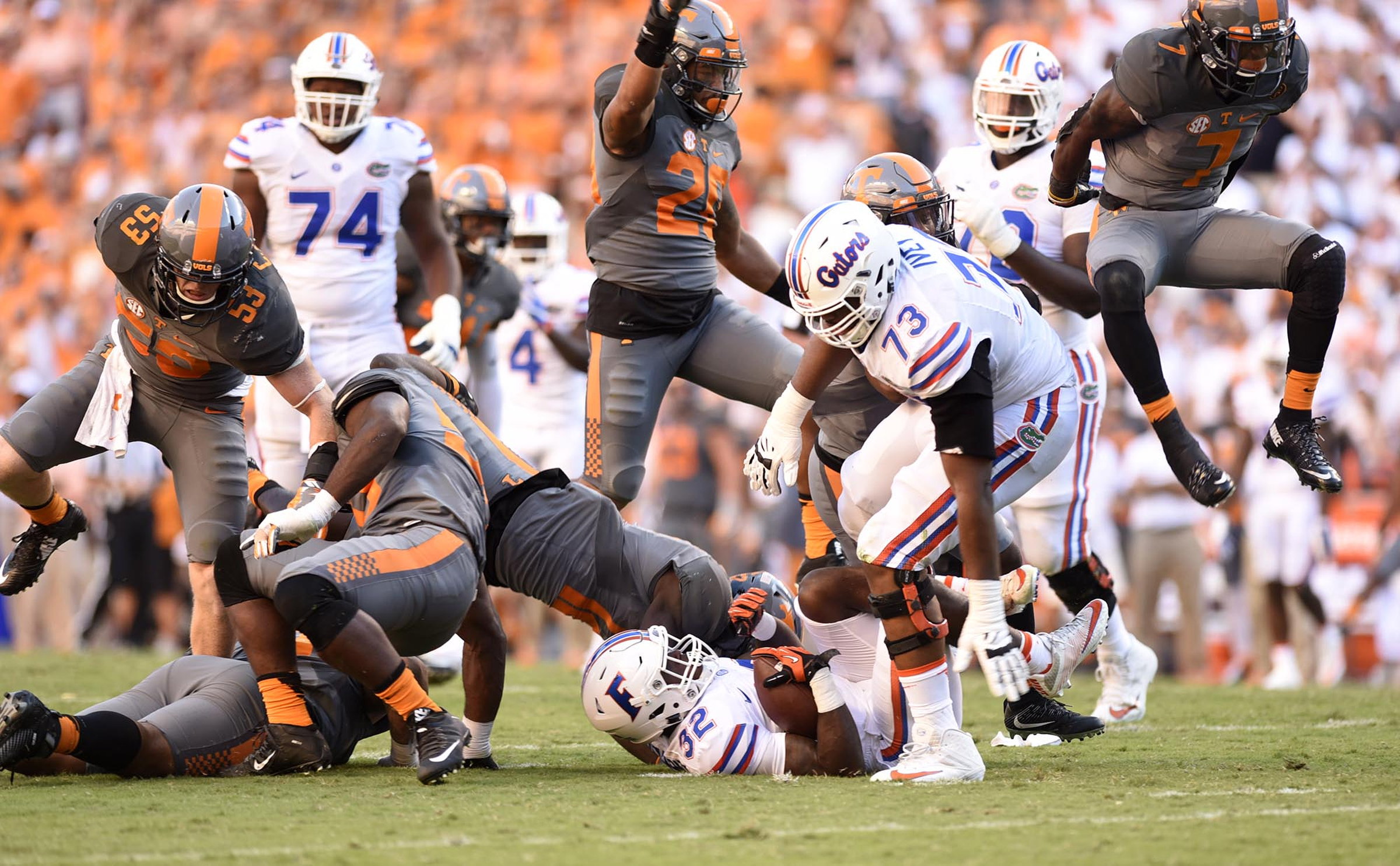 The Tennessee defense celebrates a big 3rd quarter stop. The Florida Gators visited the Tennessee Volunteers in a important SEC football contest at Neyland Stadium on September 24, 2016.