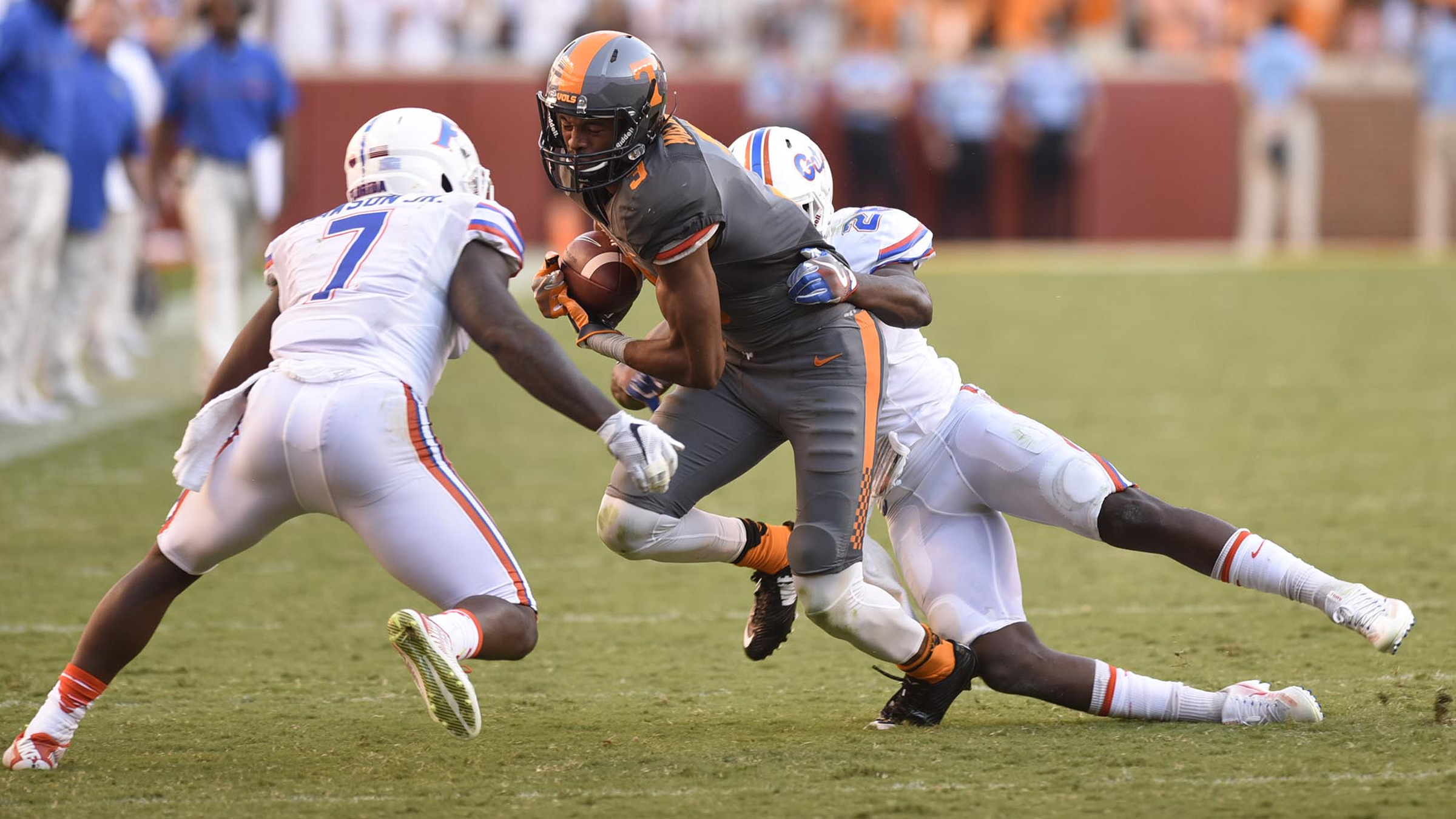 Tennessee's Josh Malone (3) is pulled down after a big catch. The Florida Gators visited the Tennessee Volunteers in a important SEC football contest at Neyland Stadium on September 24, 2016.