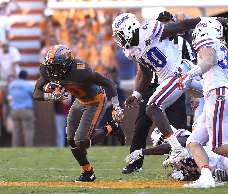 Tennessee's Tyler Byrd (10) breaks loss for a long gain on a pass reception.  The Florida Gators visited the Tennessee Volunteers in a important SEC football contest at Neyland Stadium on September 24, 2016.