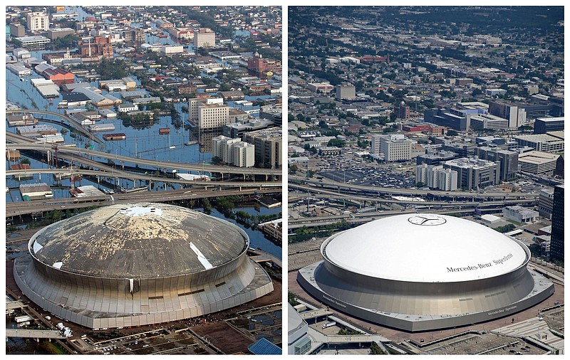 
              FILE - This combination of Aug. 30, 2005, left, and July 29, 2015 aerial photos shows downtown New Orleans and the Superdome flooded by Hurricane Katrina, left, and the same area a decade later. When the New Orleans Saints host rival Atlanta on Monday night, it'll mark the 10-year anniversary of the stadium's reopening, and a victory over the Falcons that symbolized a city's determination to rebuild from one of the worst natural disasters in American history. (AP Photo/David J. Phillip, left, and Gerald Herbert, File)
            