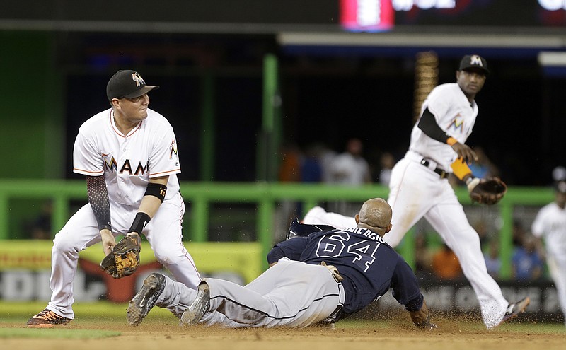 Atlanta Braves' Emilio Bonifacio (64) steals second base as Miami Marlins' second baseman Miguel Rojas, left, is unable to handle the throw from J.T. Realmuto in the ninth inning of a baseball game, Friday, Sept. 23, 2016, in Miami. Bonifacio went on to reach third base on a throwing error by Realmuto. The Braves won 3-2. (AP Photo/Alan Diaz)