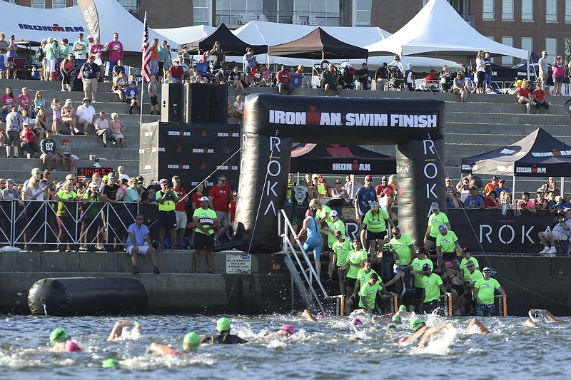 Staff Photo by Dan Henry / The Chattanooga Times Free Press- 9/25/16. Age group competitors exit the water while competing in the swim portion of the 2016 Little Debbie IRONMAN Chattanooga triathlon on September 25, 2016. More than 2,700 athletes registered to compete in a 2.4-mile swim, 116-mile bike and 26.2-mile run throughout Chattanooga and North Georgia.