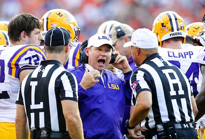 
              LSU head coach Les Miles reacts to a call during the first half of an NCAA college football game against Auburn, Saturday, Sept. 24, 2016, in Auburn, Ala. (AP Photo/Butch Dill)
            