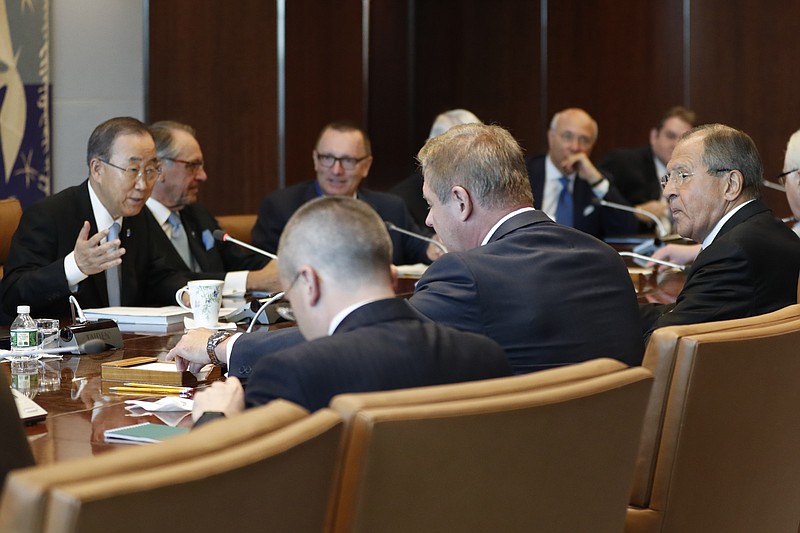 
              File-This Sept. 21, 2016, file photo shows Russian Foreign Minister Sergey Lavrov, right, meeting United Nations General Secretary-General Ban Ki-moon, left, at U.N. headquarters. The failed attempt by the U.S. and Russia to revive a cease-fire in Syria stole the spotlight at the annual U.N. gathering of world leaders but every other global hotspot had its moment _ and there were some chuckles as well including a message to Secretary-General Ban Ki-moon to be ready to receive his gift from South Sudan of a "white bull."(AP Photo/Mary Altaffer, File)
            