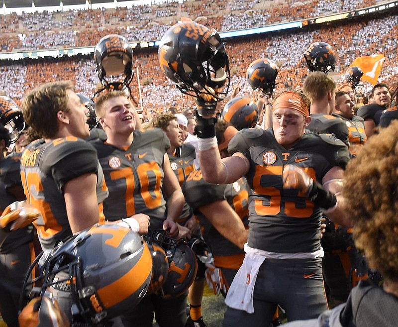 Tennessee linebacker Colton Jumper (53), a former Baylor School player, celebrates after Saturday's home win against Florida. As exciting as the victory was for the Vols, they say they're ready to move on as another SEC East game awaits this week at Georgia.