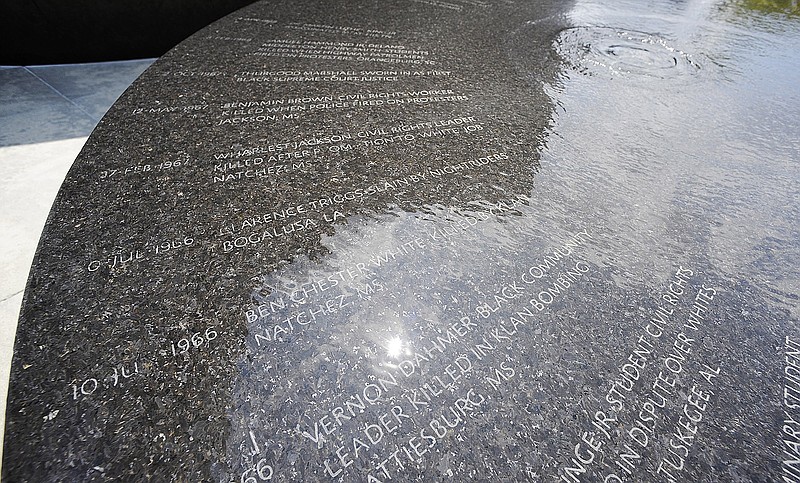 
              In this photo taken Thursday, Aug. 25, 2016, in Montgomery, Ala., water flows over names on a memorial to people killed during the civil rights movement. The same group that erected the marker is planning a memorial and museum to black lynching victims in the city long known as the first capital of the Confederacy. The nonprofit group Equal Justice Initiative says it plans to build a monument to the dead and an accompanying museum in Montgomery. It hopes to open both in 2017. (AP Photo/Jay Reeves)
            