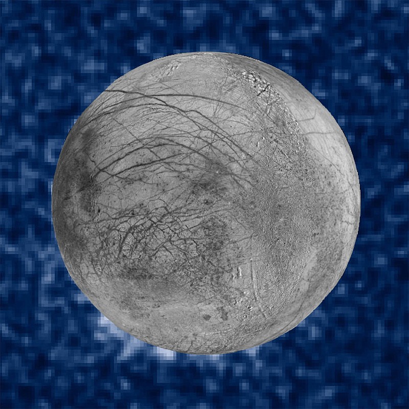 
              This Jan. 26, 2014 image provided by NASA shows a composite image of possible water plumes on the south pole of Jupiter's moon Europa. Europa is among several moons in the solar system where evidence of an underground ocean has been discovered in recent years. The Hubble data were taken on January 26, 2014. The image of Europa, superimposed on the Hubble data, is assembled from data from the Galileo and Voyager missions. (NASA via AP)
            