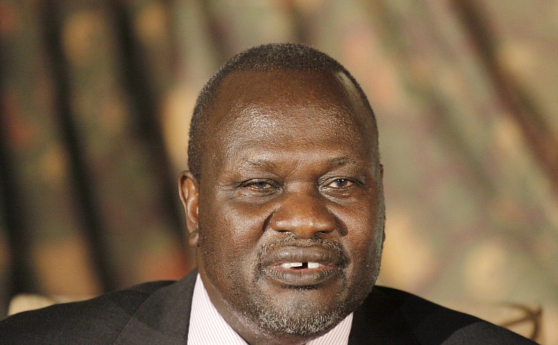 
              FILE--In this Wednesday, July 8, 2015 file photo, South Sudan rebel leader Riek Machar addresses journalists during a news conference in Nairobi, Kenya. South Sudan's rebel leader is accusing President Salva Kiir of wanting to turn the country into an "ethnic state" for his Dinka group. Riek Machar's statement, obtained by The Associated Press, Sept. 26, 2016, accuses the government of pushing ethnic groups into fighting. (AP Photo/Khalil Senosi, File)
            