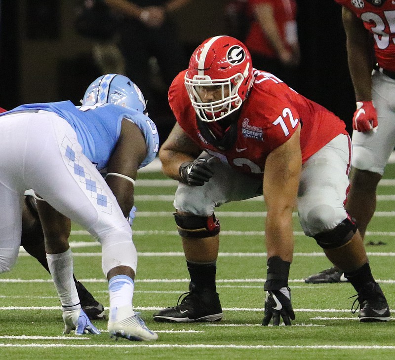 Georgia left tackle Tyler Catalina played the past three seasons for Rhode Island.