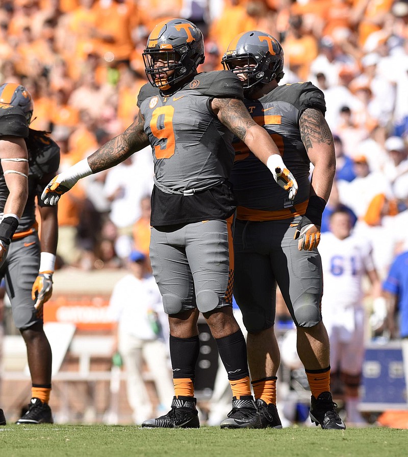 Derek Barnett (9) and Danny O'Brien (95) look to the bench.  The Florida Gators visited the Tennessee Volunteers in a important SEC football contest at Neyland Stadium on September 24, 2016.