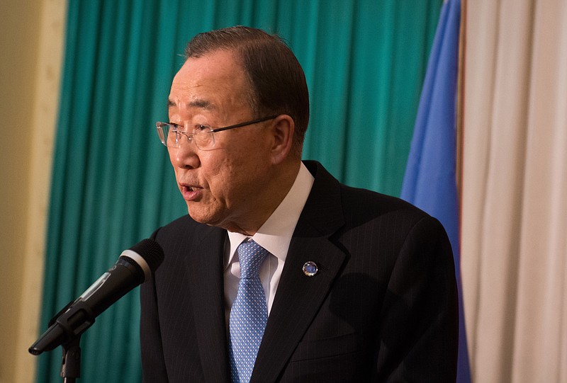 
              FILE--in this file photo of Thursday Feb.25, 2016, UN Secretary General, Ban Ki Moon, speaks to the media in Juba, South Sudan.  A confidential report from U.N. Secretary-General Ban Ki-moon to the U.N. Security Council, dated Sept. 8, 2016, obtained by The Associated Press, is a stark list of the ways South Sudan's government has obstructed the U.N. peacekeeping mission in a country devastated by civil war. (AP Photo-file)
            