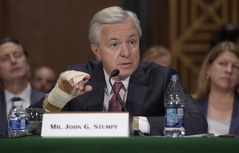 Wells Fargo Chief Executive Officer John Stumpf testifies on Capitol Hill in Washington, Tuesday, Sept. 20, 2016, before Senate Banking Committee. Stumpf was called before the committee for betraying customers' trust in a scandal over allegations that employees opened millions of unauthorized accounts to meet aggressive sales targets. 