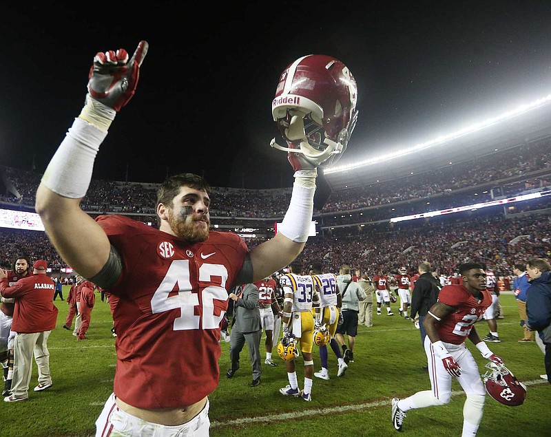 Alabama redshirt sophomore inside linebacker Keith Holcombe, shown here celebrating last November's win over LSU, had a career-high six tackles in last week's 48-0 drubbing of Kent State.