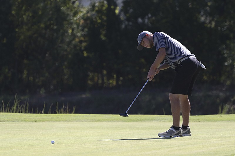 Staff Photo by Dan Henry / The Chattanooga Times Free Press- 9/29/16. McMinn County's Matt Mays competes in the Region 3-AAA high school golf tournament on The Bear Trace at Harrison Bay course Thursday, September 29, 2016. 