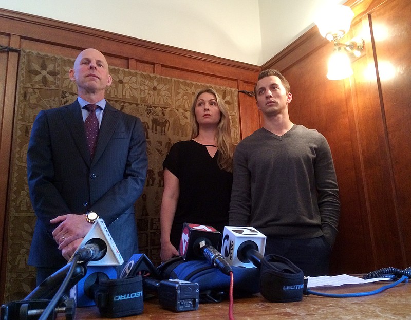 
              Lawyer Anthony Douglas Rappaport speaks at a news conference with his clients, Denise Huskins and her boyfriend Aaron Quinn, right, in San Francisco, Thursday, Sept. 29, 2016. Matthew Muller, a disbarred Harvard University-trained attorney pleaded guilty Thursday to kidnapping Huskins in a bizarre case that police in California initially dismissed as a hoax. (AP Photo/Sudhin Thanawala)
            