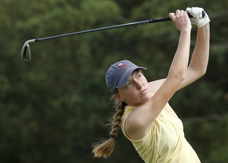 Chattanooga Christian School golfer Anna Beth Harris practices on the driving range at The Farm Golf Club on Thursday in Rocky Face, Ga. She leads the Lady Chargersinto Class A/AA state tournament in Manchester, Tenn.