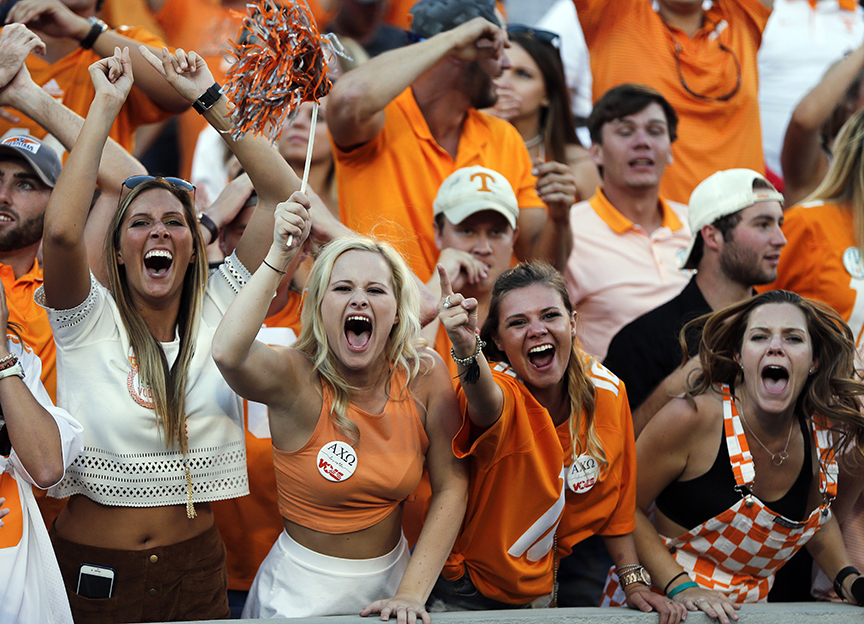 Tennessee fans react after a touchdown in the second half of an NCAA college football game against Georgia Saturday, Oct. 1, 2016, in Athens, Ga. Tennessee won 34-31. (AP Photo/John Bazemore)