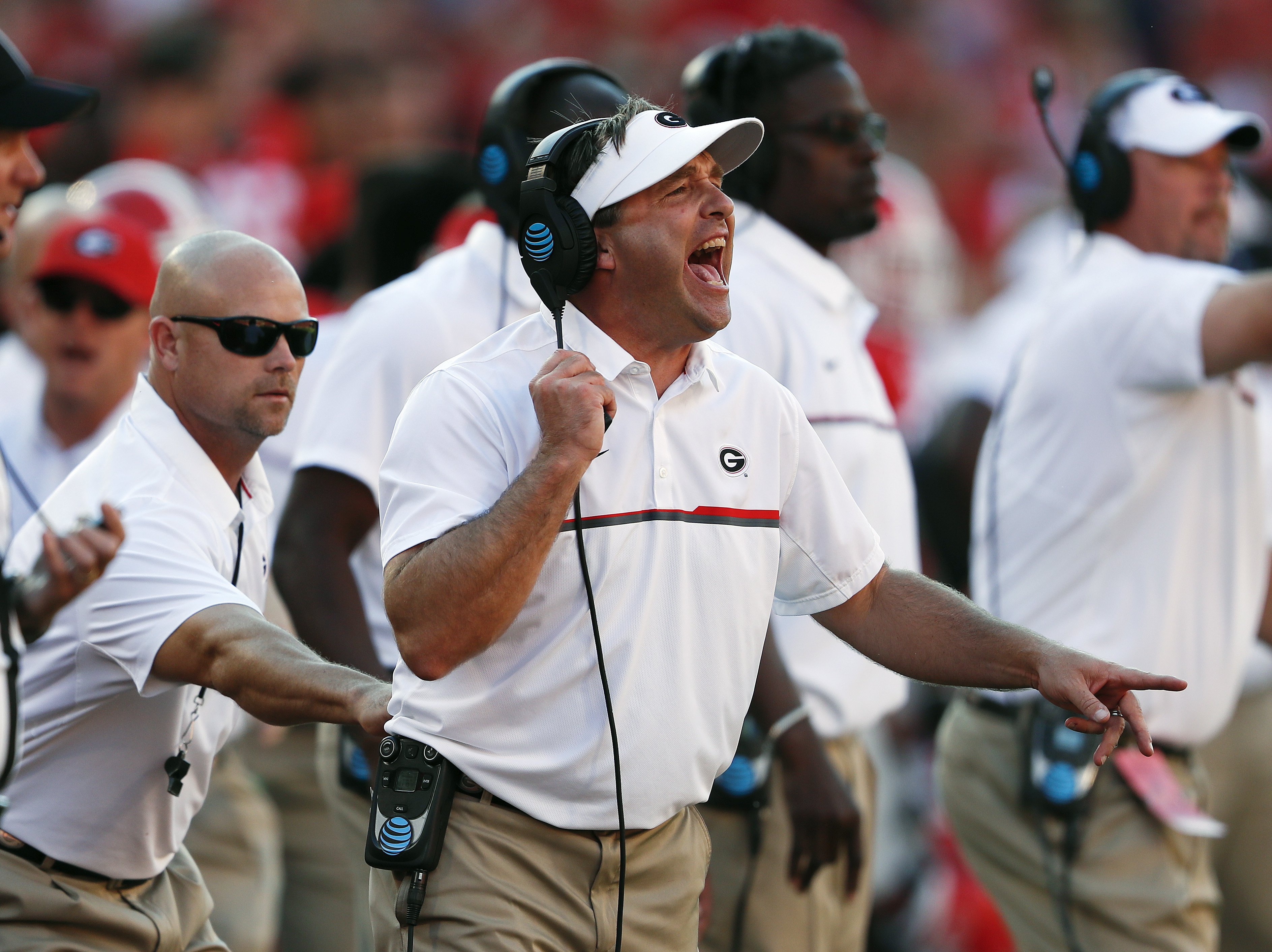 Georgia head coach Kirby Smart yells from the sidelines in the second half of an NCAA college football game against Tennessee Saturday, Oct. 1, 2016, in Athens, Ga. Tennessee won 34-31. (AP Photo/John Bazemore)