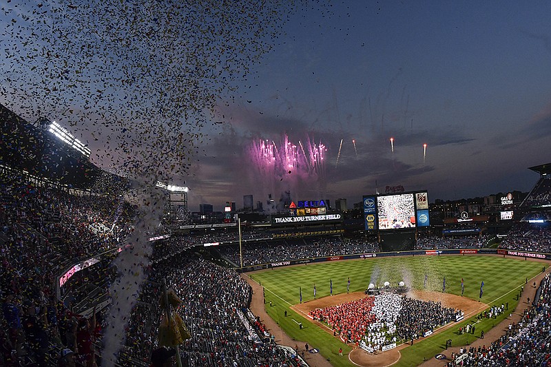 Fireworks and confetti are launched after a baseball game between the Detroit Tigers and Atlanta Braves, which was the last game to be played at Turner Field, Sunday, Oct. 2, 2016, in Atlanta. Beginning with the 2017 season, the Braves are expected to play at SunTrust Park, which is under construction in Cobb County. Atlanta won 1-0. (AP Photo/John Amis)