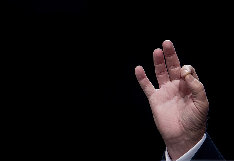 Republican presidential candidate Donald Trump's right hand gesturing as he speaks at the Shale Insight conference in Pittsburgh, Sept. 22, 2016. (Eric Thayer/The New York Times)