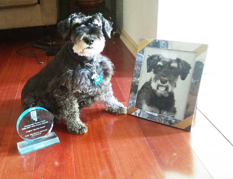 Lexi the miniature schnauzer poses with her Annie Award she won for her portrayal of Toto in "The Wizard of Oz." She played Toto three times, and is the only animal to win an Annie Award.