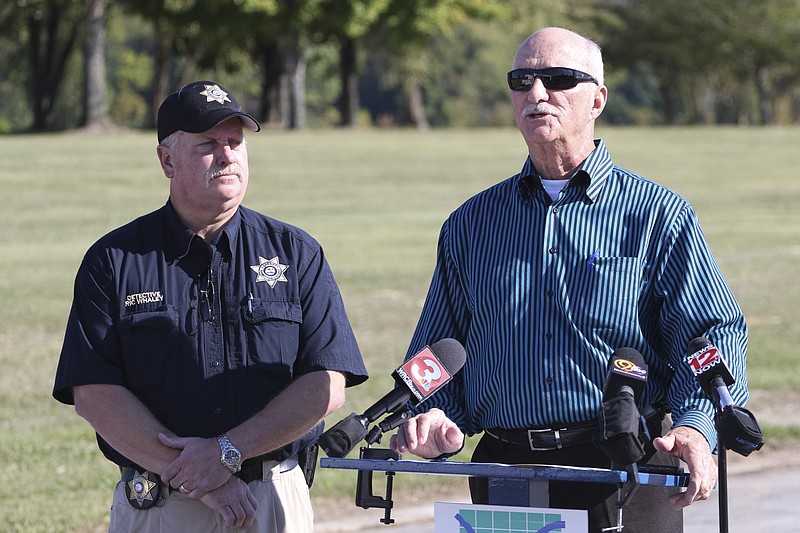 Staff Photo by Dan Henry / The Chattanooga Times Free Press- 10/3/16. Hamilton County Sheriffs Office Detective Richard Whaley and Hamilton County Sheriff Jim Hammond speak about the department's use in drone technology in search and rescue, suspicious vehicle searches and active shooter situations  during a press conference at the Hamilton County River Park on Monday, October 3, 2016.
