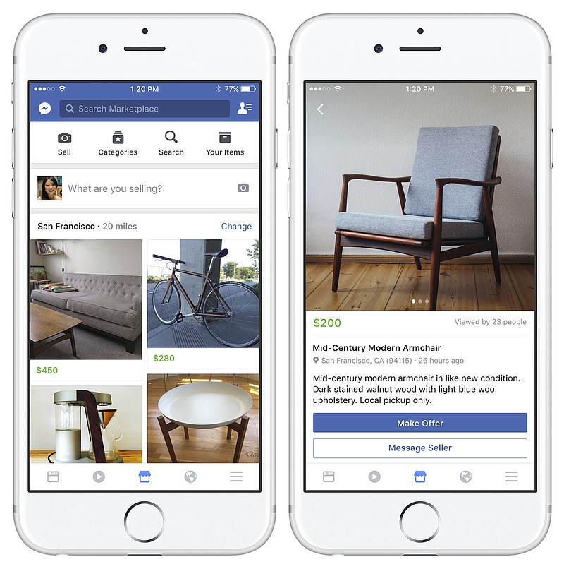 
              These images provided by Facebook show smartphone screen grabs demonstrating Facebook's new "Marketplace" section. Facebook Inc. said Monday, Oct. 3, 2016, the most popular items people currently buy and sell on the service include furniture, cars and clothes. (Facebook via AP)
            