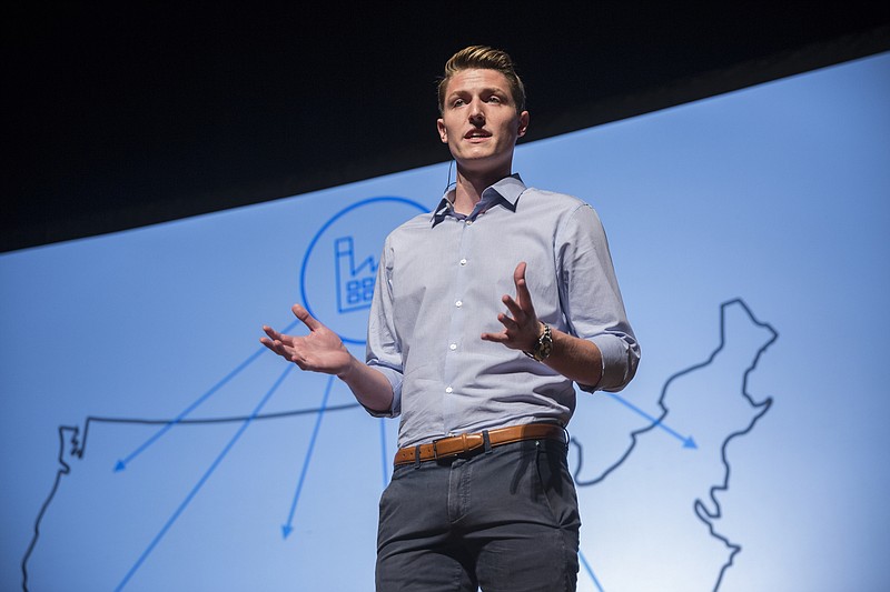 Sean Henry with the company Stord gives a business pitch at the Dynamo Demo Day event at the Tivoli Theater on Tuesday, Oct. 4, 2016, in Chattanooga, Tenn. 10 logistics startup companies which took part in a 12-week startup accelerator program pitched their plans at the event.