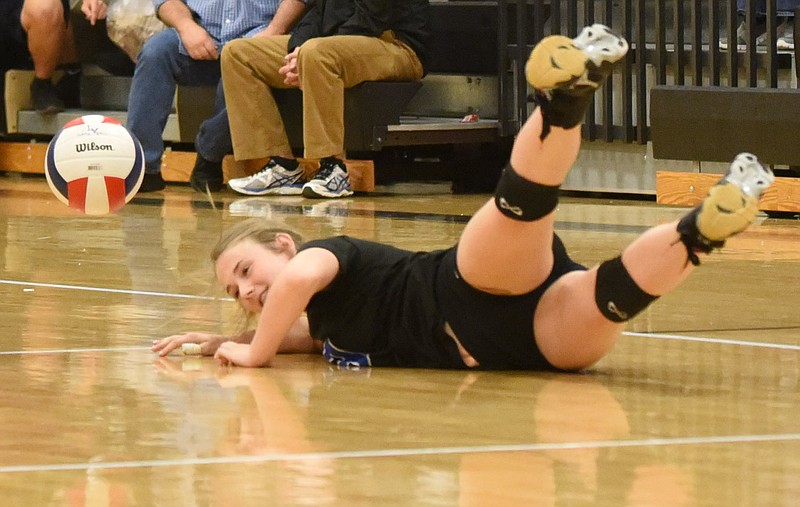 Sale Creek's Jayda Perry (8) attempts a save late in the final game at Lookout Valley during the District 6-A tournament final.