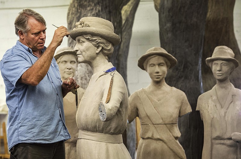 n this July 28, 2015, file photo, Artist Alan LeQuire works on a monument of women's suffrage leaders including Anne Dudley at his studio in Nashville, Tenn. Under proposed changes to Tennessee's social studies curriculum, public school students would no longer be required to be taught about Dudley's role in helping make Tennessee the 36th and deciding state to ratify the 19th Amendment to the U.S. Constitution in 1920, giving women the right to vote.