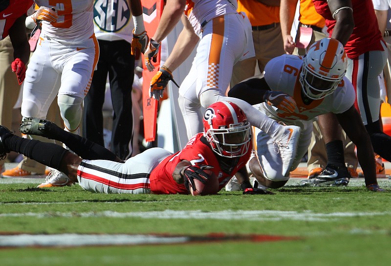 Georgia graduate transfer defensive back Maurice Smith had an interception in last week's loss to Tennessee and also recovered this fumble that he caused with a strip of Alvin Kamara.