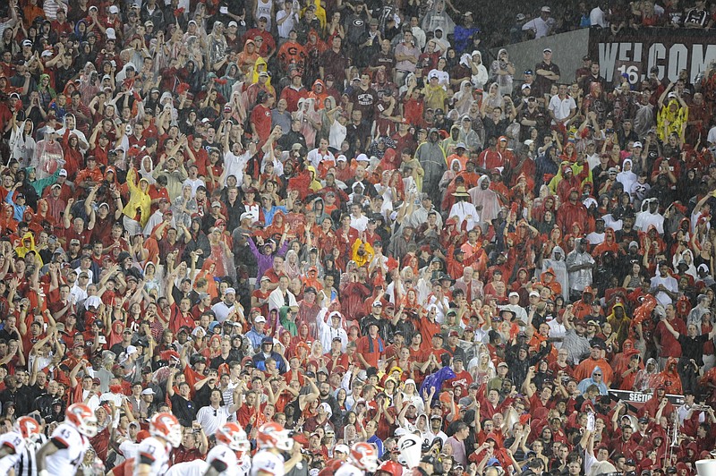 Georgia football fans, after enduring a weather delay of nearly 90 minutes, cheer as the Bulldogs take the field before the 2014 game at South Carolina.