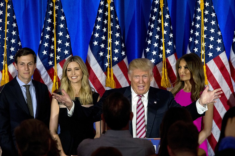 
              FILE - In this June 7, 2016 file photo, Republican presidential candidate Donald Trump, joined by his wife Melania, daughter Ivanka and son-in-law Jared Kushner, speaks during a news conference at the Trump National Golf Club Westchester in Briarcliff Manor, N.Y. Ushering Trump toward a more analytical approach is Jared Kushner, Trump’s son-in-law and adviser, and Brad Parscale, the campaign’s digital director and a veteran Trump Organization consultant. (AP Photo/Mary Altaffer, File)
            