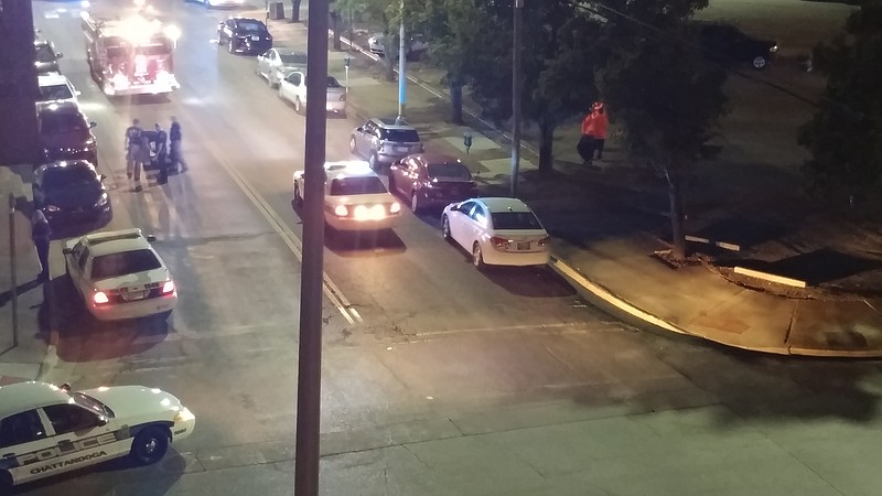 Police respond to reports of a person shot at the corner of Houston and E. 11th streets.

