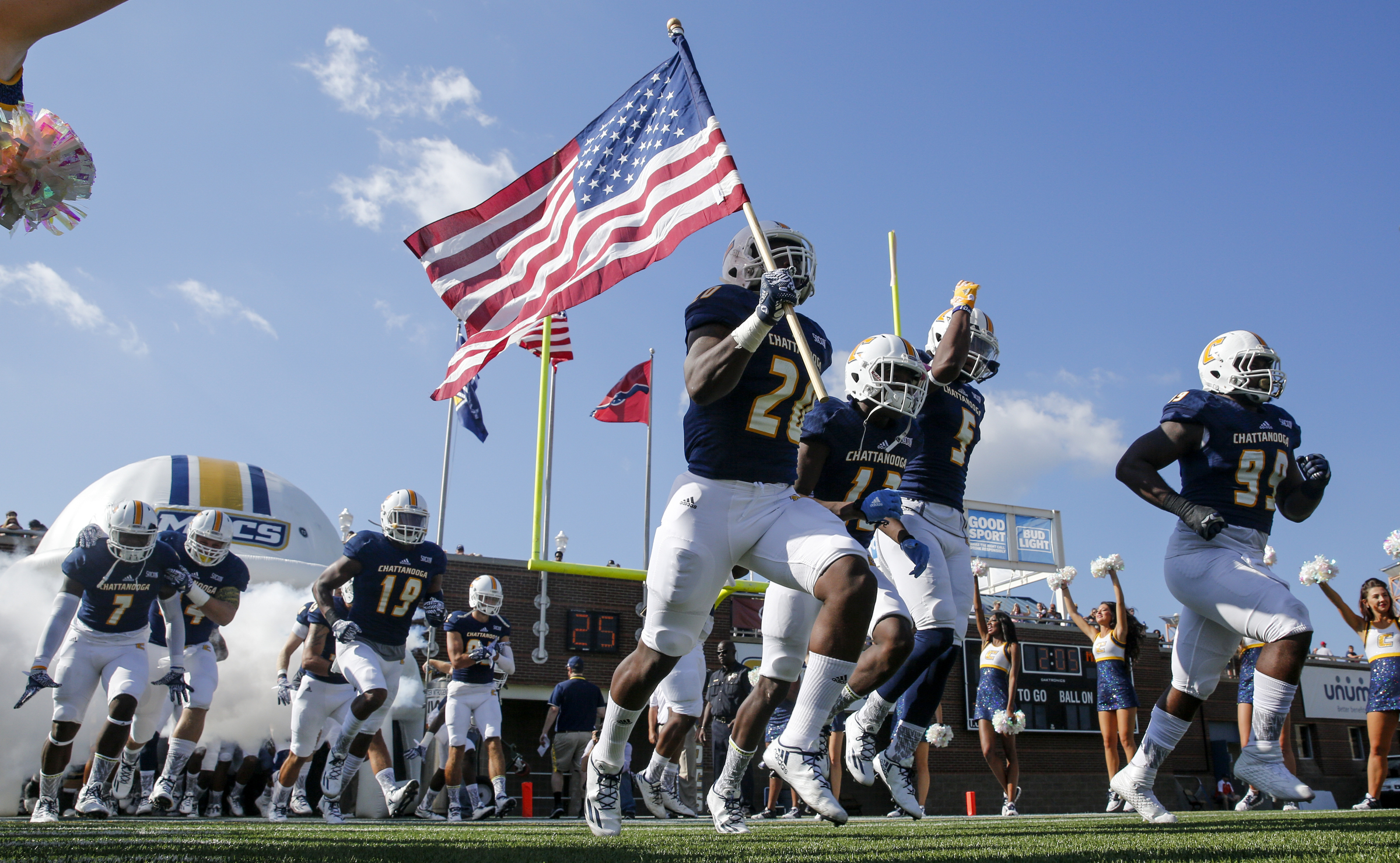 The UTC team takes the field during the Mocs' home football game against the Mercer Bears at Finley Stadium on Saturday, Oct. 8, 2016, in Chattanooga, Tenn.