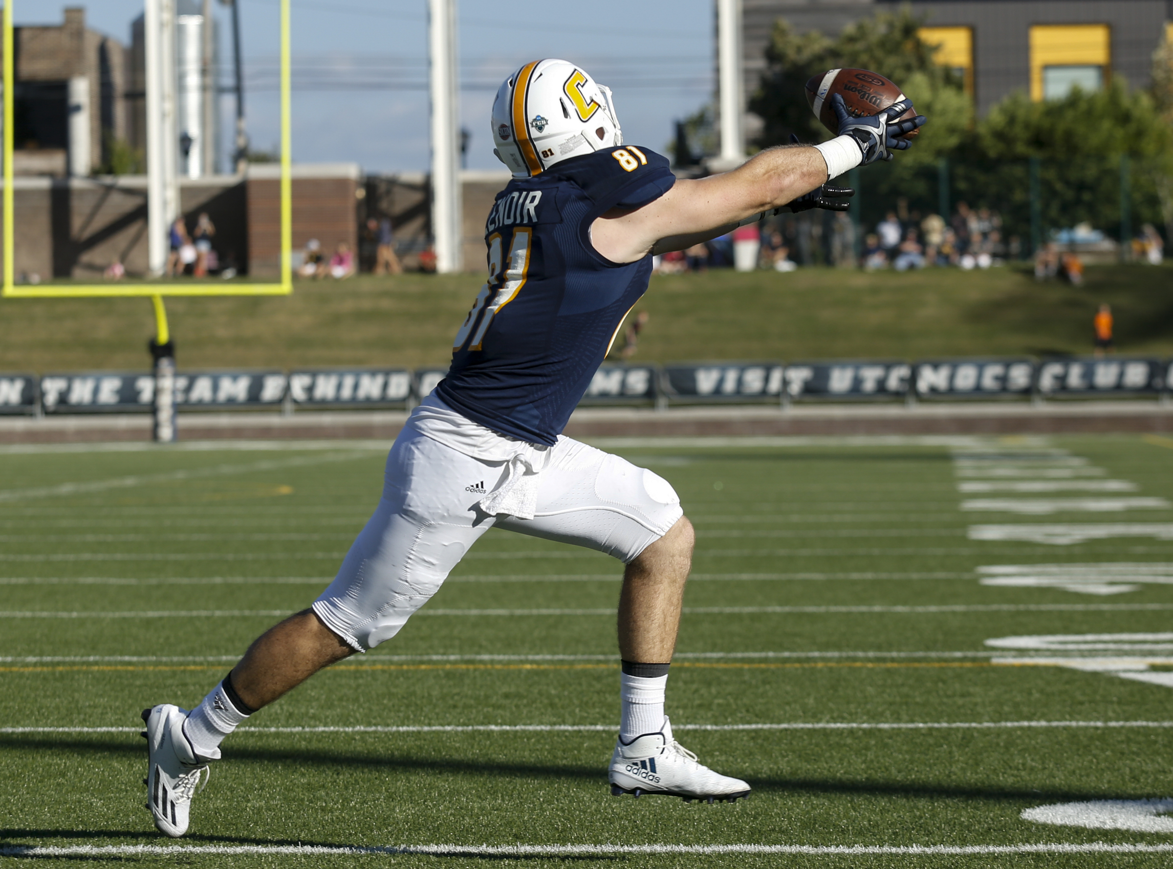 UTC tight end Bailey Lenoir catches a pass in the end zone for a touchdown during the Mocs' home football game against the Mercer Bears at Finley Stadium on Saturday, Oct. 8, 2016, in Chattanooga, Tenn.