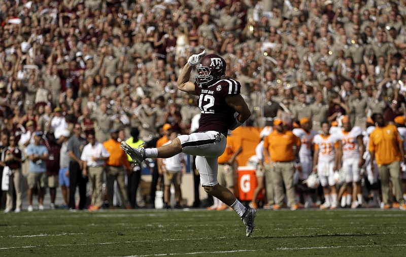 Texas A&M's Cullen Gillaspia celebrates after causing a fumble by Tennessee on a kickoff return during the first half of an NCAA college football game Saturday, Oct. 8, 2016, in College Station, Texas. Texas A&M recovered the fumble. (AP Photo/David J. Phillip)