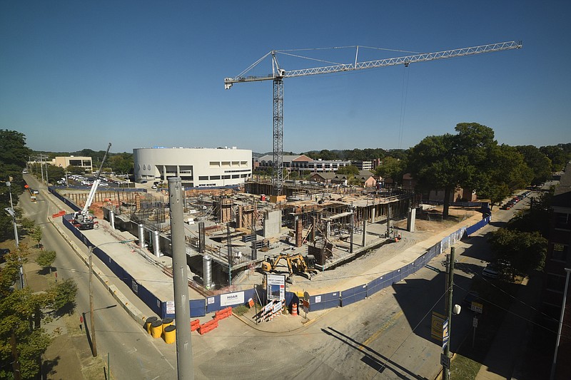 West housing is now under construction on the University of Tennessee at Chattanooga campus. The building, at the corner of Vine and Houston streets, will offer two floors of parking beneath 9 to 12 floors of housing, according to unnamed construction workers on the scene.