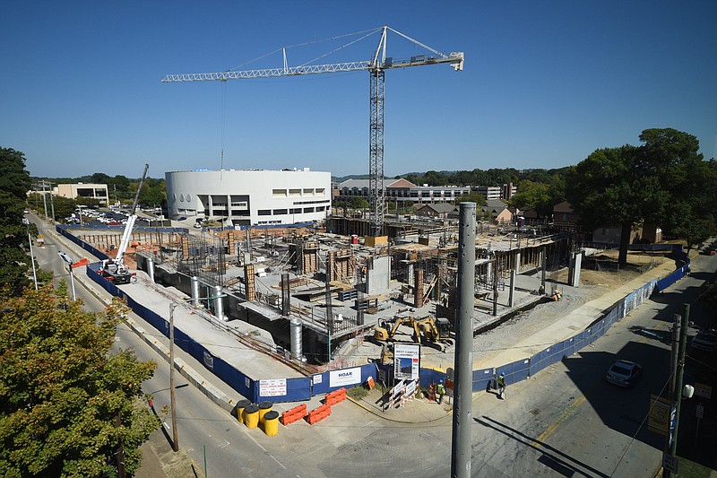 West housing is now under construction on the University of Tennessee at Chattanooga campus. The building, at the corner of Vine and Houston streets, will offer two floors of parking beneath 9 to 12 floors of housing, according to unnamed construction workers on the scene.