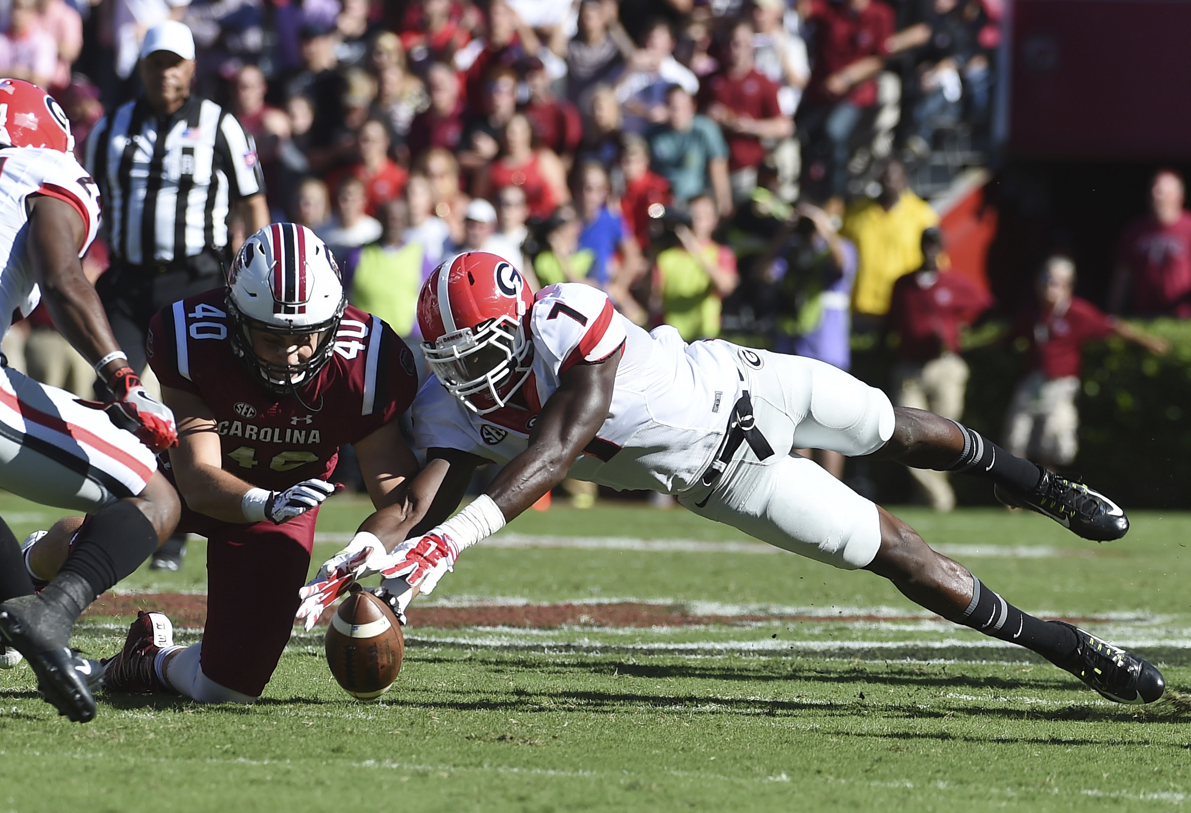 South Carolina tight end Jacob August (40) and Georgia linebacker Lorenzo Carter (7) reach for a fumble during the first half of an NCAA college football game on Sunday, Oct. 9, 2016, in Columbia, S.C. Georgia recovered the fumble on the play. (AP Photo/Rainier Ehrhardt)
