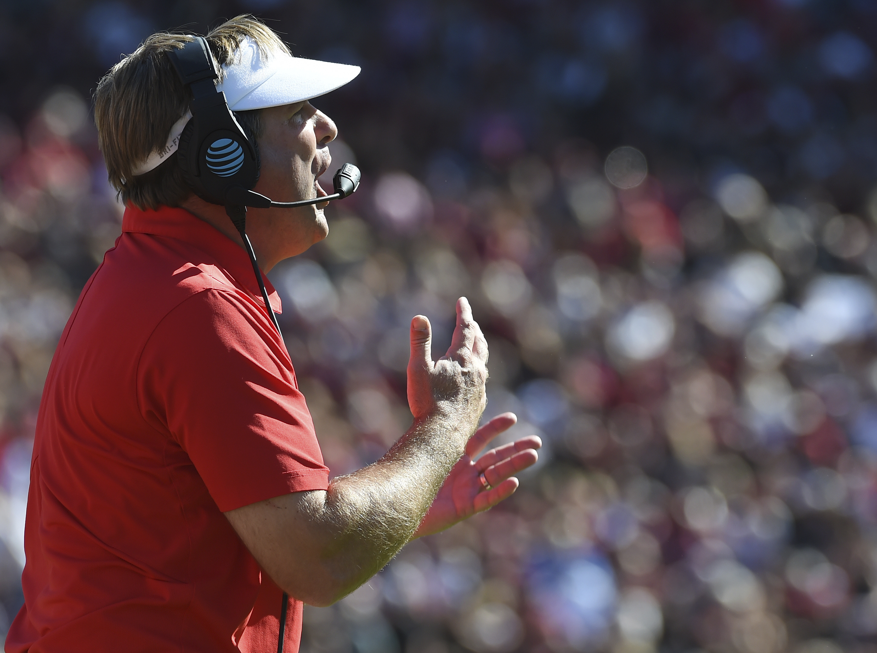Georgia head coach Kirby Smart reacts on the sideline during the first half of an NCAA college football game against South Carolina on Sunday, Oct. 9, 2016, in Columbia, S.C. (AP Photo/Rainier Ehrhardt)
