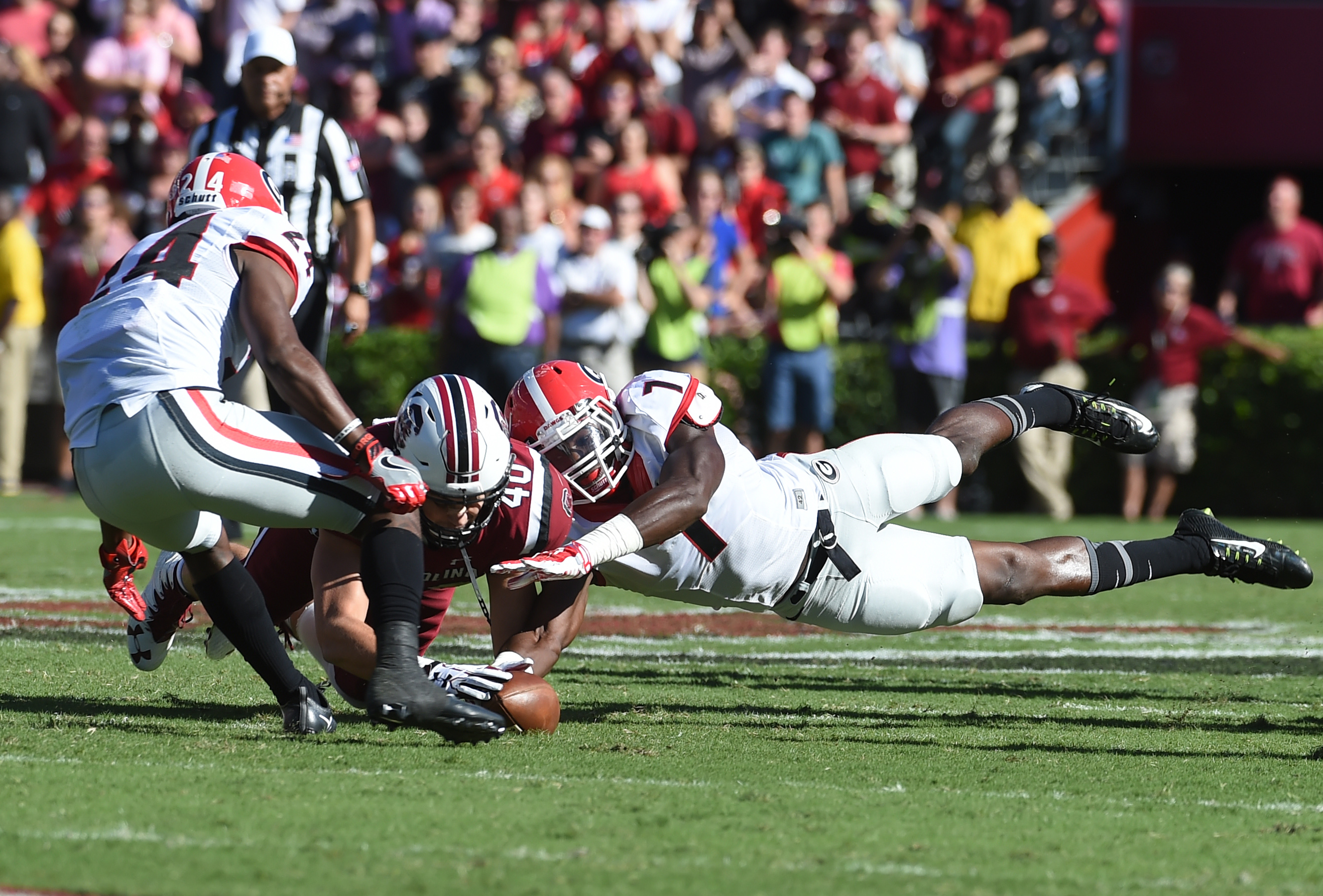 South Carolina tight end Jacob August (40) and Georgia linebacker Lorenzo Carter (7) reach for a fumble during the first half of an NCAA college football game on Sunday, Oct. 9, 2016, in Columbia, S.C. Georgia recovered the fumble on the play. (AP Photo/Rainier Ehrhardt)
