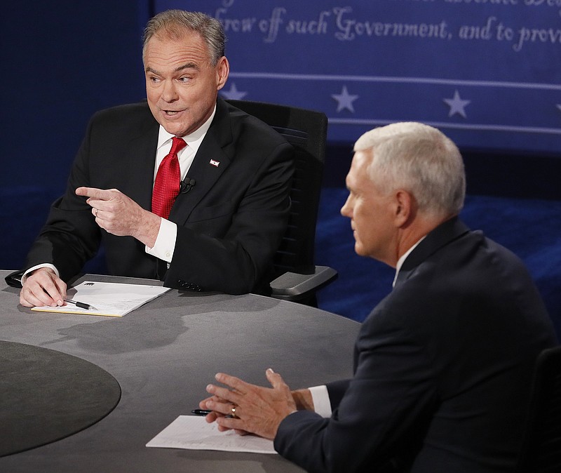 Democratic vice presidential nominee Sen. Tim Kaine interrupts Republican vice-presidential nominee Gov. Mike Pence during the recent debate between the two at Longwood University in Farmville, Va.