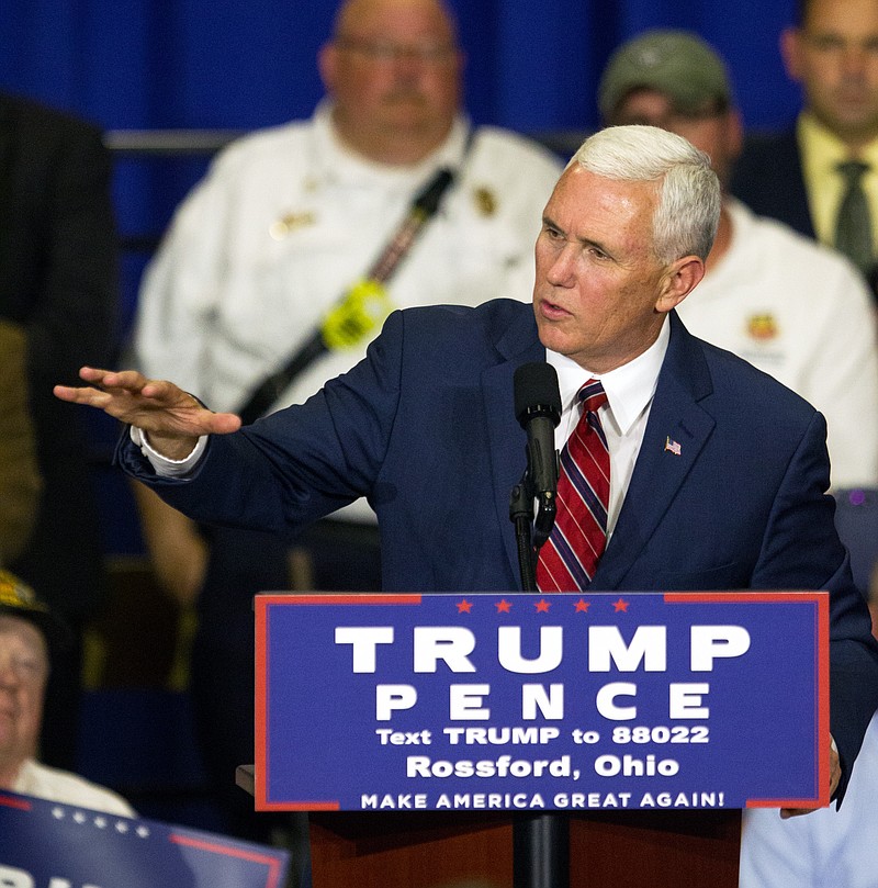 Republican vice presidential candidate, Indiana Gov. Mike Pence speaks during a campaign stop at the the Rossford Recreation Center in Rossford, Ohio, Friday, Oct. 7, 2016. (Nick Thomas/The Blade via AP)


