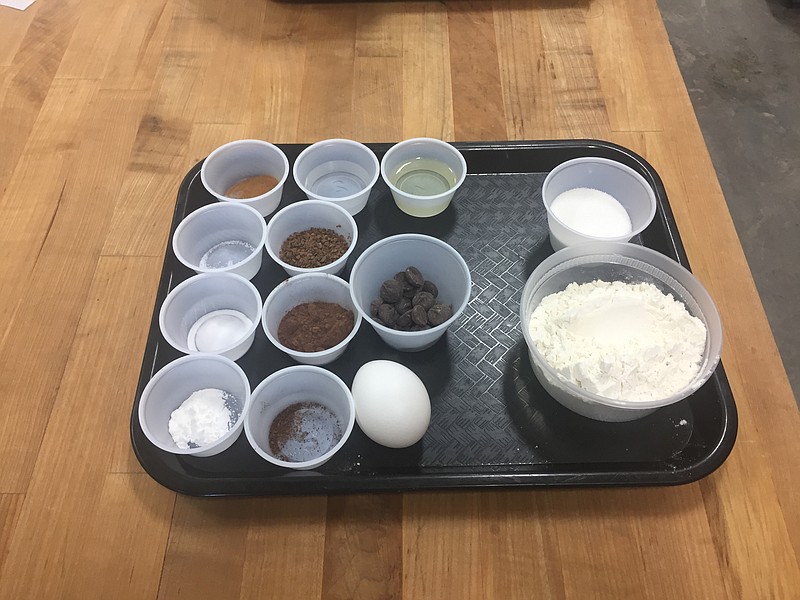 All the ingredients that go into German Chocolate Brownies are measured out for each student before the class.