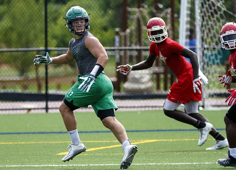 Murray County receiver Tucker Gregg tries to get open at the Southeastern 7 on 7 Championships on Friday, July 15, 2016, in Dalton, Ga.