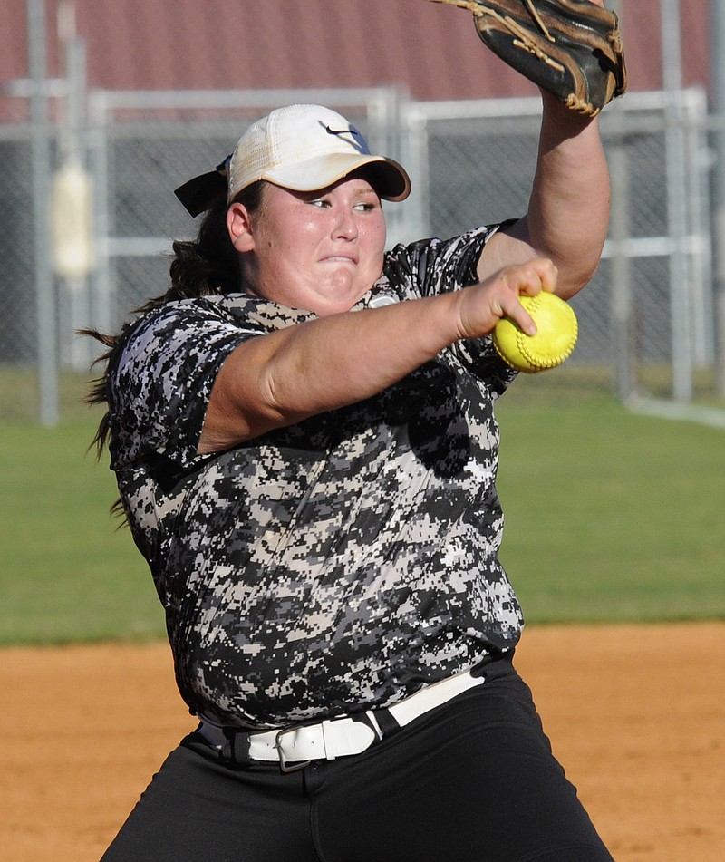 Ridgeland pitcher Morgan Crawford winds to throw during Wednesday's Class AAAA first-round softball playoff against St. Pius X in Rossville.