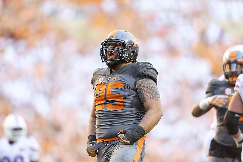 Tennessee defensive tackle Danny O'Brien celebrates after making a tackle in the second half of the Vols' 38-28 win against Florida on Sept. 24, 2016, at Neyland Stadium. (Photo By Hayley Pennesi/Tennessee Athletics)